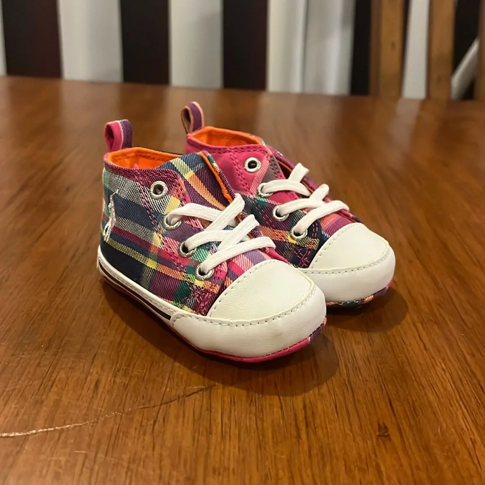 Polo Ralph Lauren Harbour Hi Plaid Shoes Sneakers Infant Baby Booties Size 2